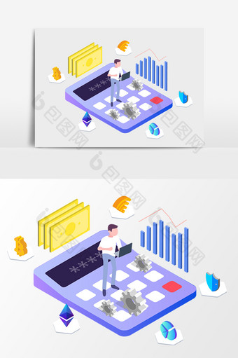 多色立体金融网络数据分析2.5D矢量元素图片