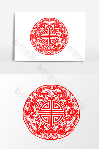 中国传统文化红剪纸招团花矢量元素图片