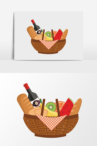 卡通矢量野餐竹篮食品水果图片
