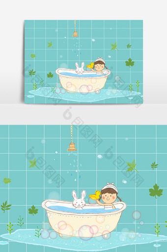 小清新手绘卡通小女生女孩洗澡矢量素材图片