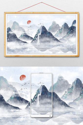 中国风墨色意境山水水墨插画图片