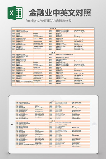 金融业中英文对照excel模板图片
