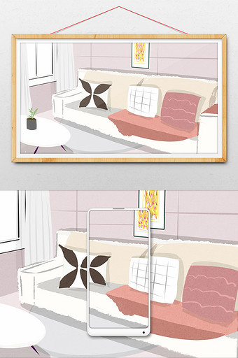 粉色浪漫温馨客厅沙发插画背景图片