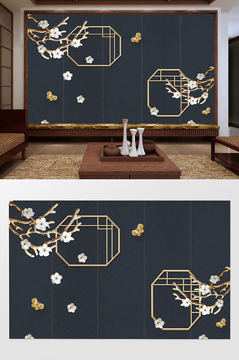 中式金色花枝落花花窗背景墙图片