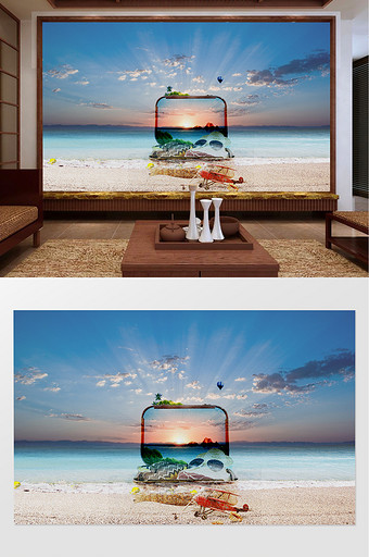 新中式海边沙滩天空云彩背景墙图片
