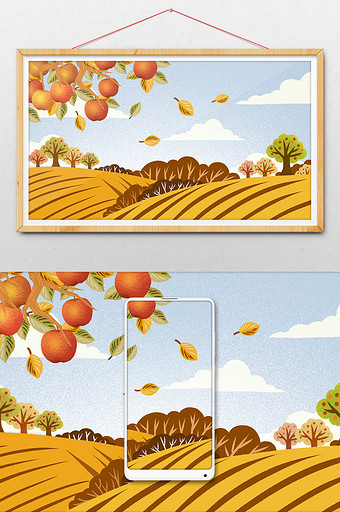 唯美秋天丰收果树插画背景图片