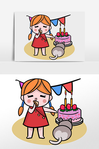 红色手绘小女孩生日插画图片