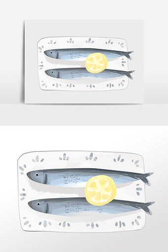 清新淡雅可爱可口柠檬秋刀鱼手绘美食插画图片