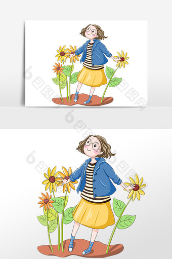 手绘秋季女孩赏花插画素材图片