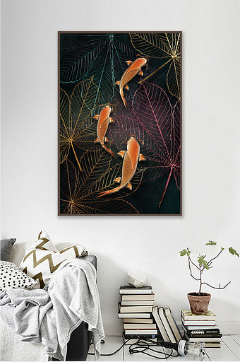 现在简约浮雕鲤鱼3d树叶装饰画图片
