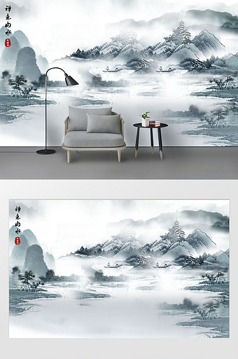 新古典中式禅意山水背景装饰壁画图片