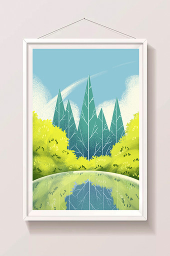 绿色小清新风格湖泊树林背景插画图片