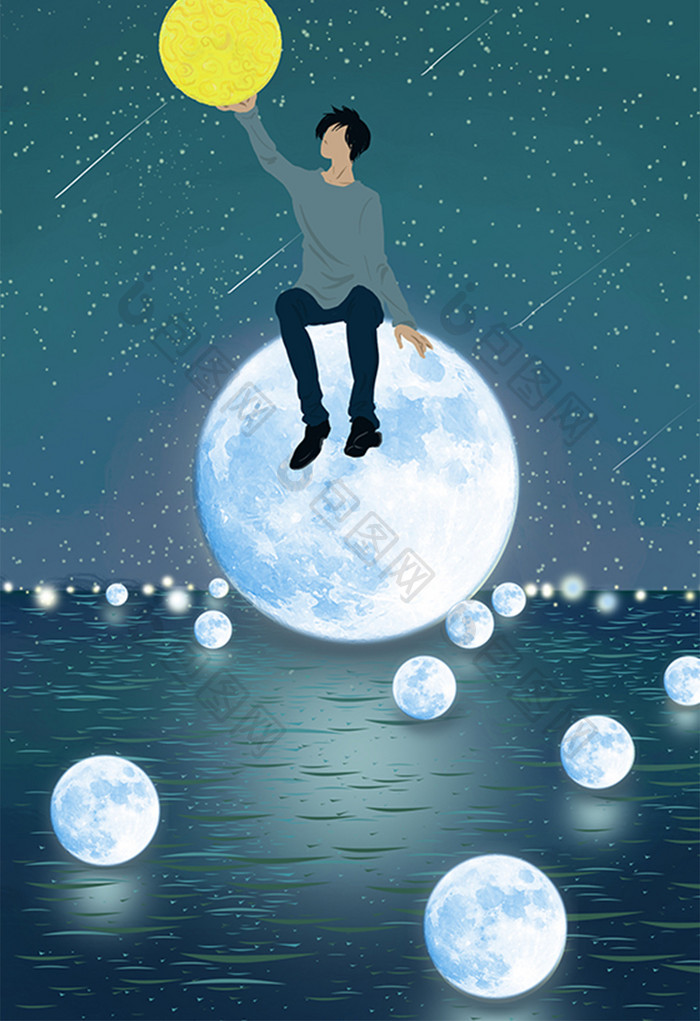 唯美月亮河星空插画