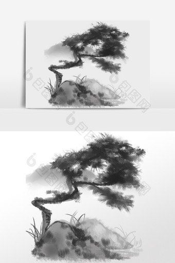 手绘黑白水墨树插画元素图片