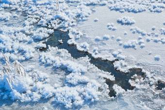 冬天野外<strong>溪水</strong>冻结冰层上的冰凌花冰松结晶