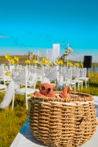 湖畔晴空下浪漫草坪婚礼的场地布置细节