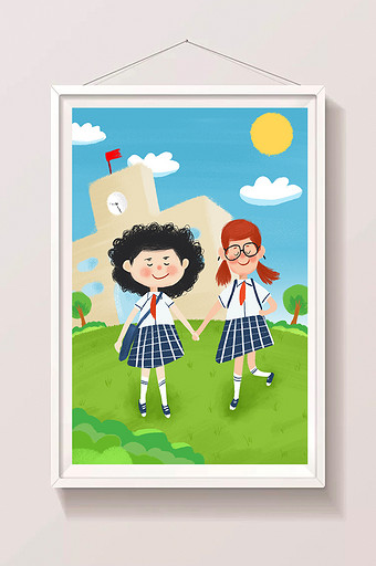 开学啦两个可爱的小女孩手绘插画图片