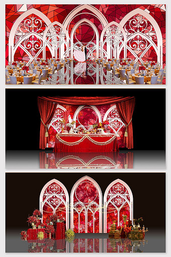 现代红色创意欧式复古拱门婚礼背景墙图片