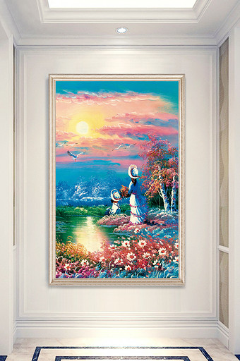 母子太阳白鹤风景油画玄关背景墙图片