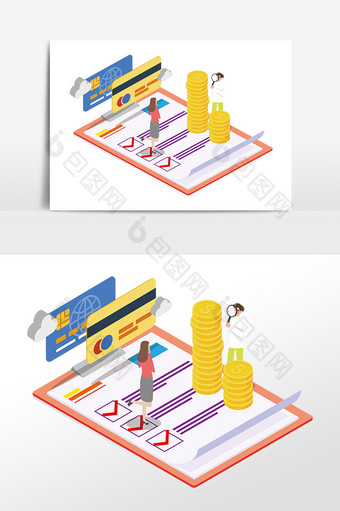 手绘金融 2.5D人物金币图形插画素材图片