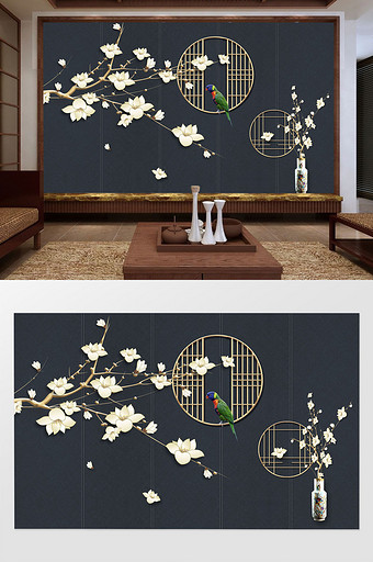 中式意境玉兰花枝鹦鹉花瓶金色窗花背景墙图片