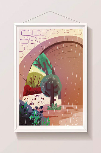 下雨的桥洞插画背景图片
