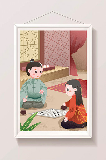 复古中国风两个少年下围棋插画图片