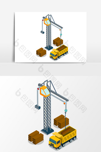 手绘工地吊塔货车插画矢量素材图片