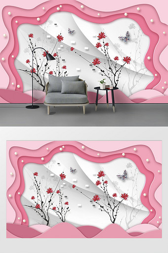 现代简约粉色温馨花枝珍珠时尚唯美背景墙图片