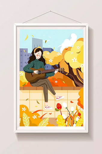 唯美节气秋分插画坐在围墙上弹吉他女孩插画图片
