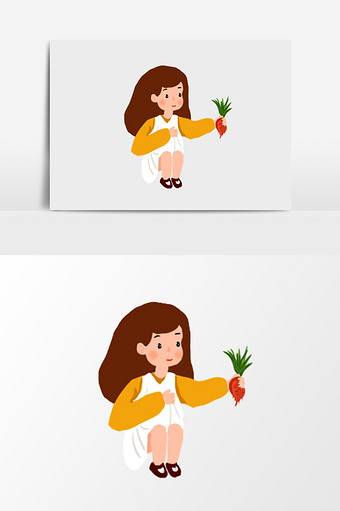 卡通手绘女孩蹲着萝卜图片
