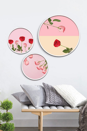 北欧简单风格清新简约玫瑰粉色装饰画圆形图片