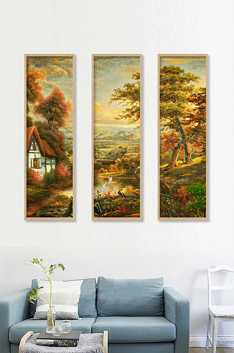 北欧油画风景秋天素材树木房子装饰画背景墙图片