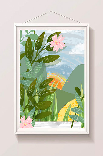 水彩手绘卡通花丛远山风景图片