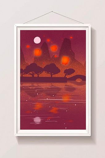 红色中秋灯笼扁平山水插画背景手绘素材图片