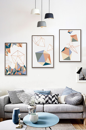 抽象几何线条图案三联画现代简约北欧装饰画图片