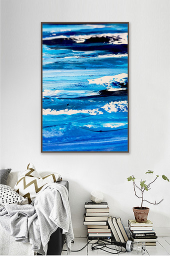北欧抽象海浪装饰画素材背景墙无框画蓝色图片
