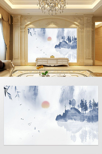 新中式水墨山水蓝色背景墙图片