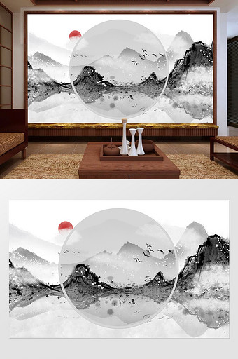 中国风水墨夕阳飞鸟山水背景墙图片