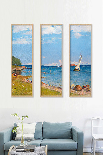 北欧油画海边帆船风格装饰画背景墙素材图片