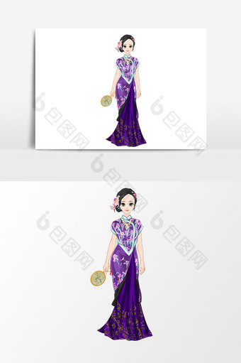 民国美女紫色旗袍上海小姐手绘元素图片
