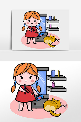 红色手绘小女孩化妆插画图片