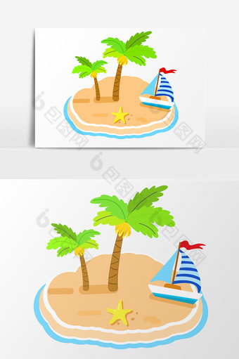 手绘海边度假沙滩椰子树透明素材图片
