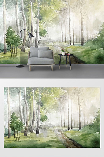 北欧手绘抽象树林现代简约电视背景墙壁画图片