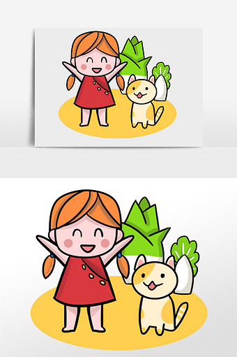 红色手绘小女孩种菜插画图片