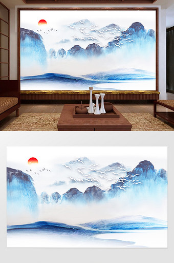 新中式唯美蓝色山水风景电视背景墙图片