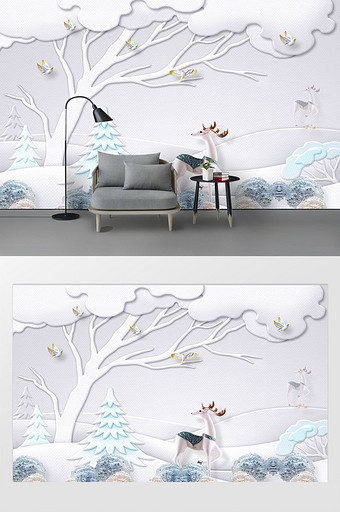 现代简约浮雕森林麋鹿雪地白色小清新背景墙图片