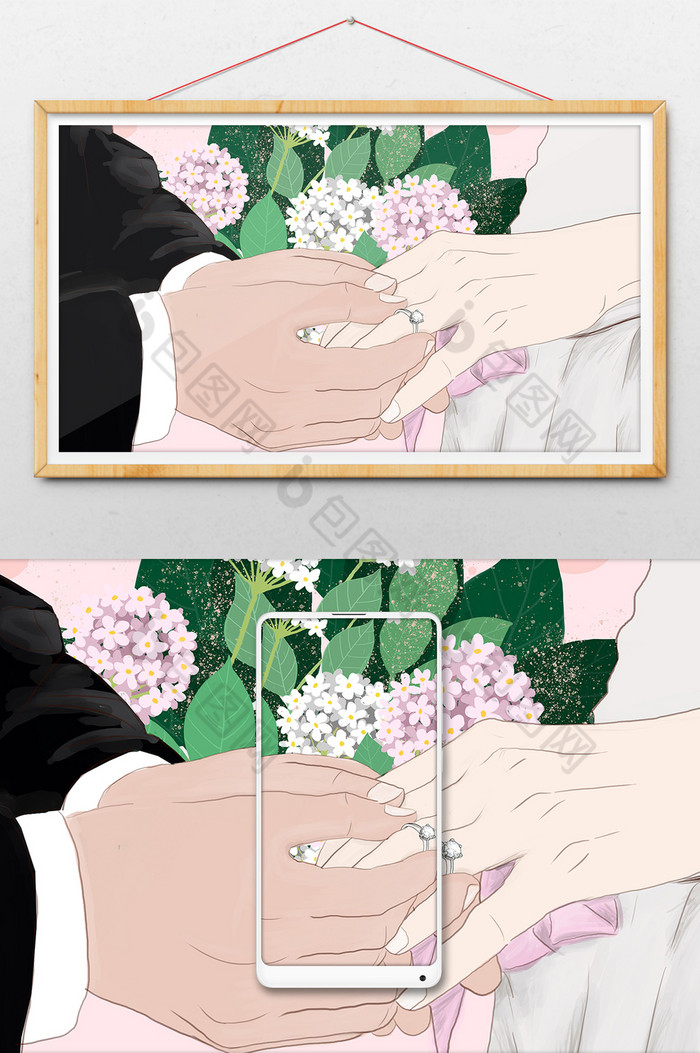 绿浪漫婚礼结婚戴戒指插画图片图片