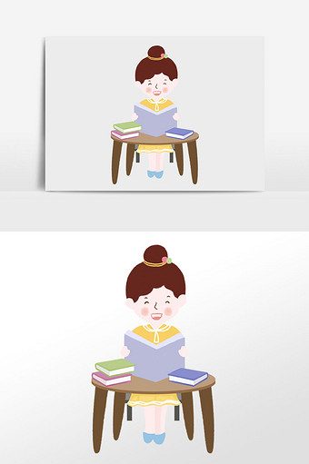 可爱卡通小女孩读书手绘插画背景元素图片