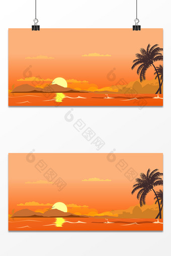 卡通手绘落日沙滩背景图片